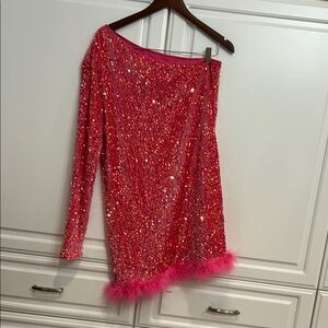 Pink Sequin Off-Shoulder Dress